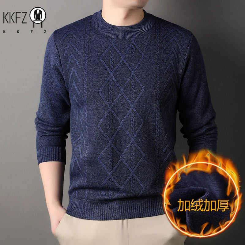 Elastic Rib Cuffs Male Crew Neck Sweater Thickened Plush Interior Mixed Jacquard Knitting Autumn Outdoor Leisure Top