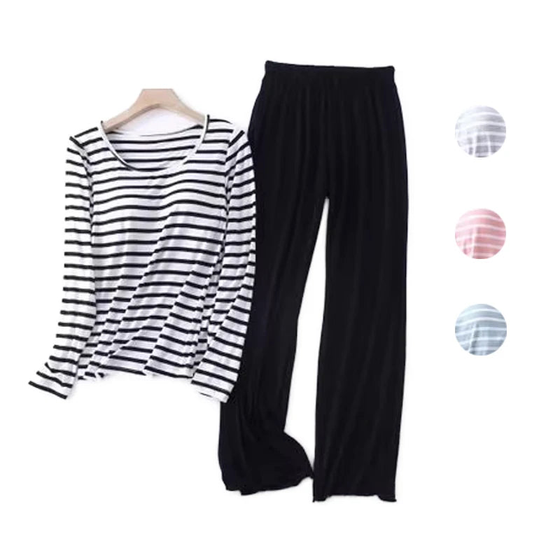 Casual Loose Pajamas for Women Long Sleeve Spring Autumn Pijamas Womens Sleepwear Bra pad Stripe Modal Ladies Set Pyjama Femme