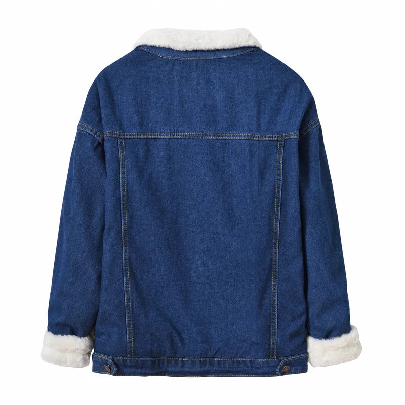 2026 Winter Deep Blue Women's Fleece-Lined Thickened Denim Jacket, Shearling-Lined Warm Casual Jacket. European Sizes S-XXXL