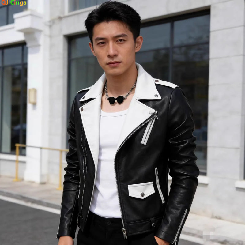 Spring Men's Long-Sleeve Synthetic Leather Jacket, Black and White Color-Blocked Decorative PU Outerwear, Fashionable Biker Coat