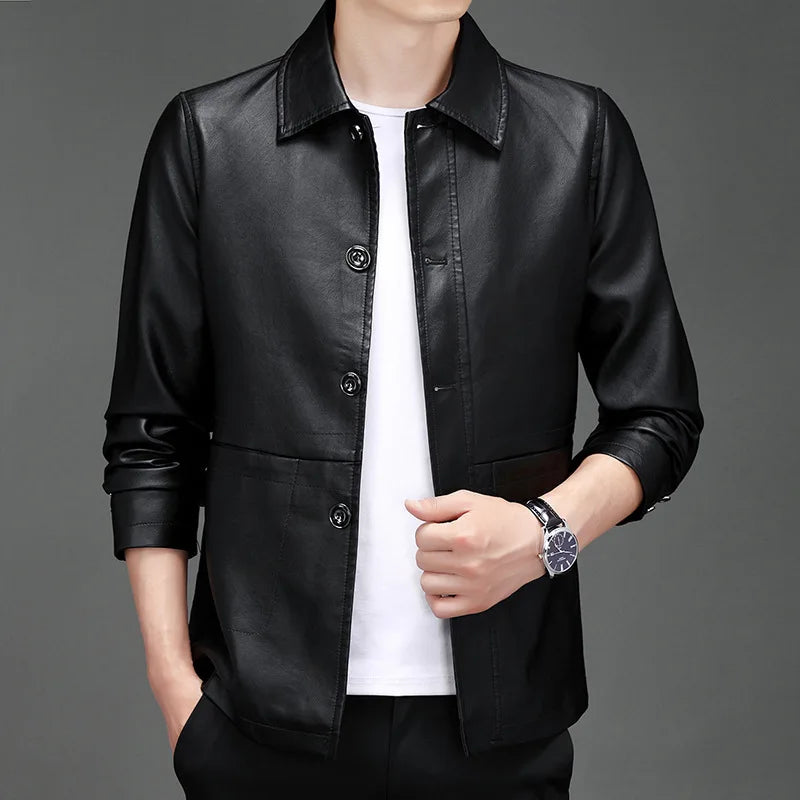 New Product Launch in 2026: Men's Black Long-sleeved PU Jacket, Artificial Leather Single-button Lapel Coat.