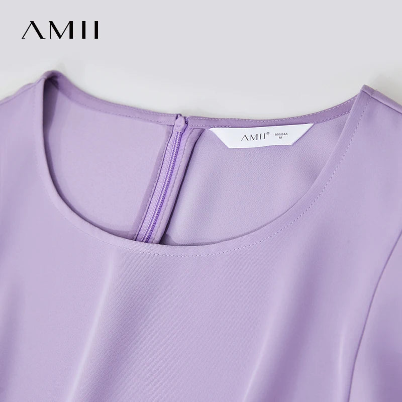 AMII Women's 2026 Summer Casual Dresses Round Neck Short Sleeve Solid Dress Woman Fashion Office Lady Loose Clothing 12522130
