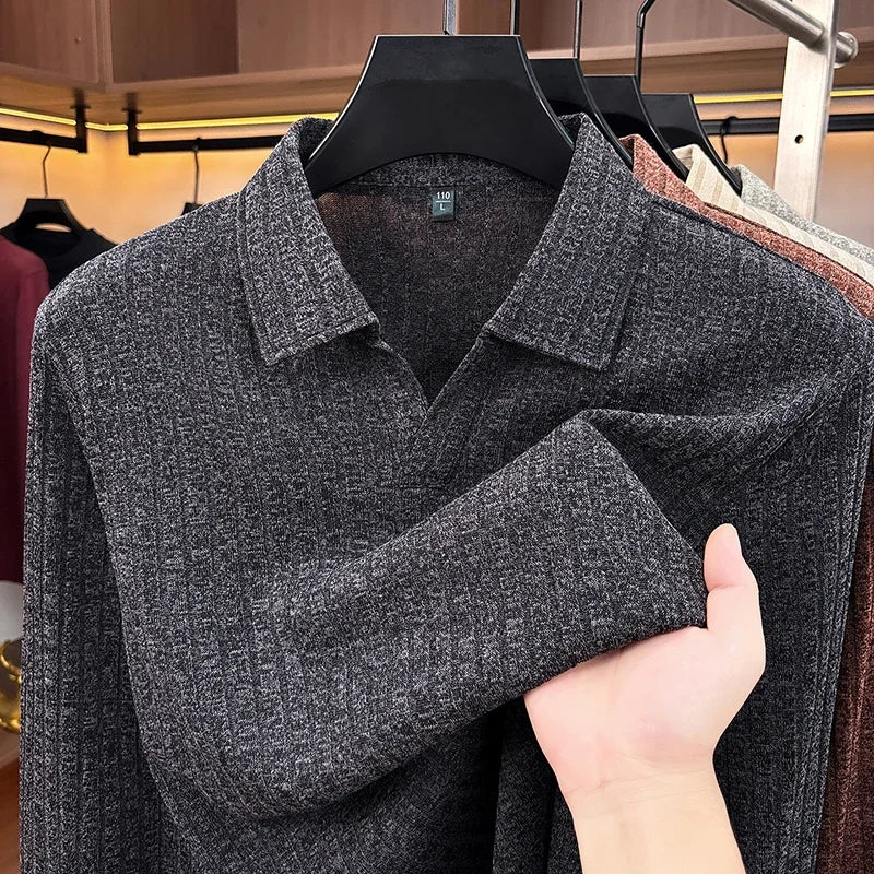 Spring Fall Men Lapel Knitted Pullover Polo Long Sleeve Vertical Ribbed Soft Light Business Daily Wear Tops