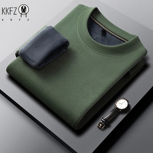 Mens Winter Long Sleeve Knit Top Waffle Texture Fleece Lined Round Collar Comfortable Business Leisure Shirt