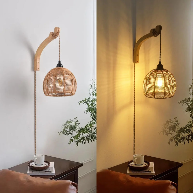 Plug in Wall Lamp Farmhouse Wicker Wall Light Plug in Hand Woven Rattan Sconce Rustic Wall Lighting for Living Room Bedroom