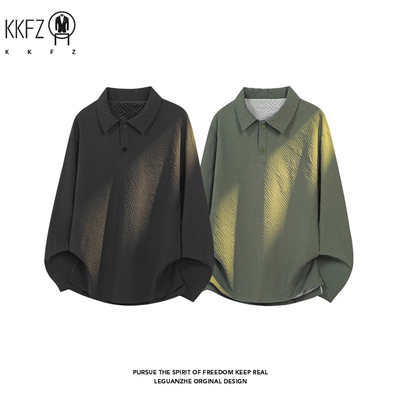 Men Minimalist Cropped Long Sleeve Polo Top Half Button Lapel Waffle Texture For Everyday Urban Casual Dressing