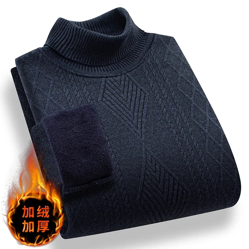 Stretch Turtleneck Male Knitted Pullover Embossed Twist Rhombus Pattern Fleece Lined Cold Proof Casual Long Sleeve Top