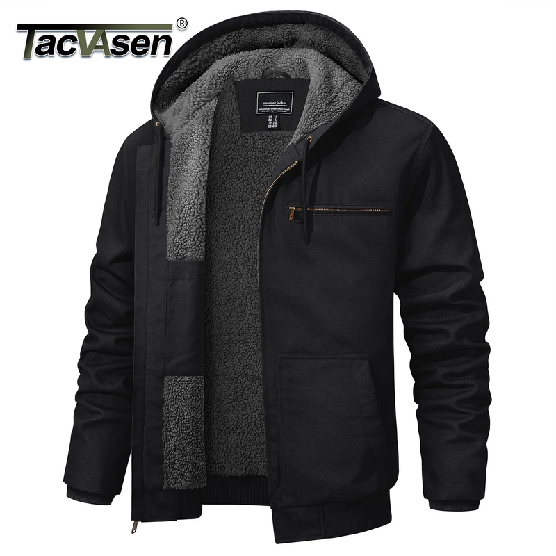 TACVASEN Men's Hooded Work Sherpa Insulated Jacket Winter Fleece Lined Duck Heavy Duty Canva Cotton Coat with Hoodie Waterproof