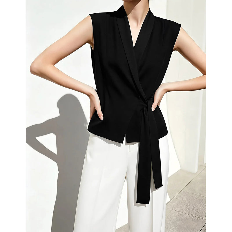 Amii Elegant Women's Blouse 2026 Summer New V-Neck Sleeveless Chiffon Top Satin Spliced Office Flowy Shirt For Women 12642213