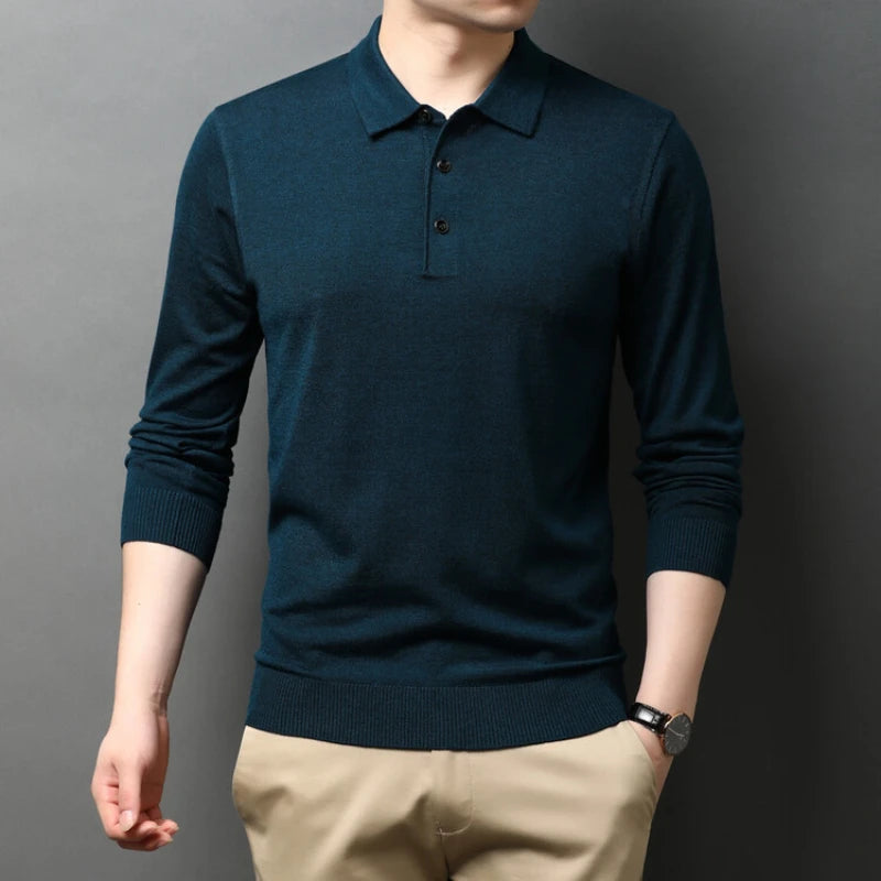 Solid Color Men's Wool Long-sleeve Shirt, Daily Autumn and Winter Warm Sweater, Business Casual Polo Shirt,Stretchable M-4XL