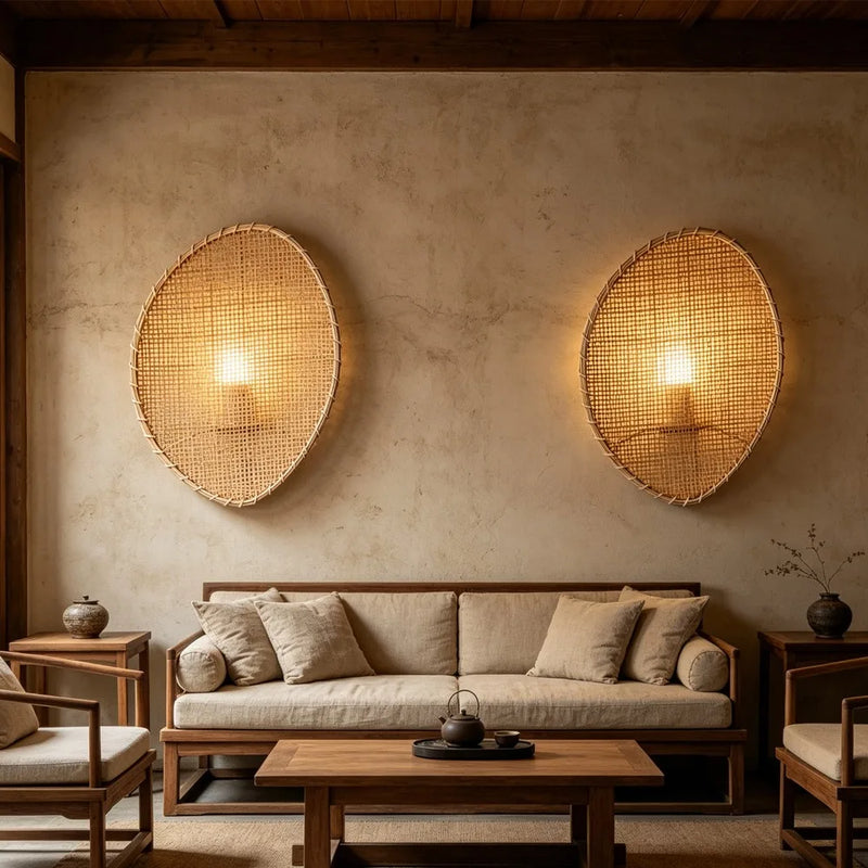 ចង្កៀងជញ្ជាំង Wabi Sabi តុបតែងបន្ទប់រចនាបថជប៉ុន ចង្កៀងឫស្សីត្បាញដោយដៃ បន្ទប់ទទួលភ្ញៀវបន្ទប់គេង ក្បែរភ្លើងជញ្ជាំងច្រករបៀងបែប Retro