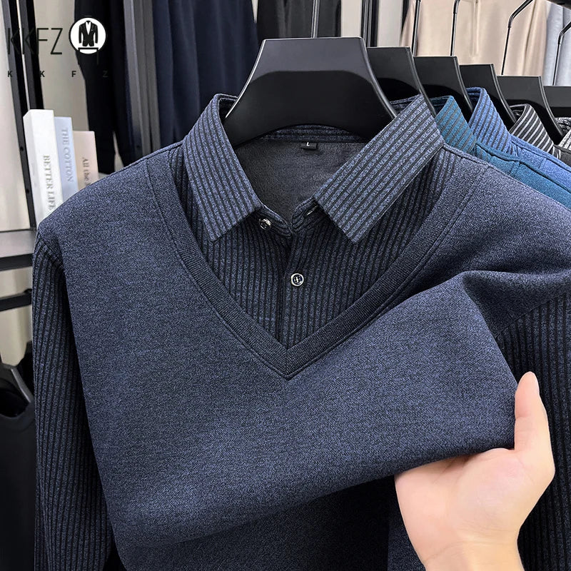 Thermal Warm Knit Sweater For Men Collared Fake Vest Elastic Cuff Full Fleece Lined Vertical Stripe Autumn Office Clothing