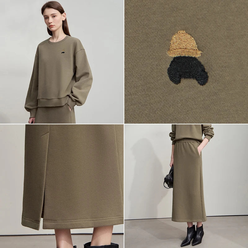 AMII Minimalist Woman Sets Two Pieces 2026 Autumn Little Bear Embroidered Sweatshirt Split Skirts Sports Casual Sets 12523042