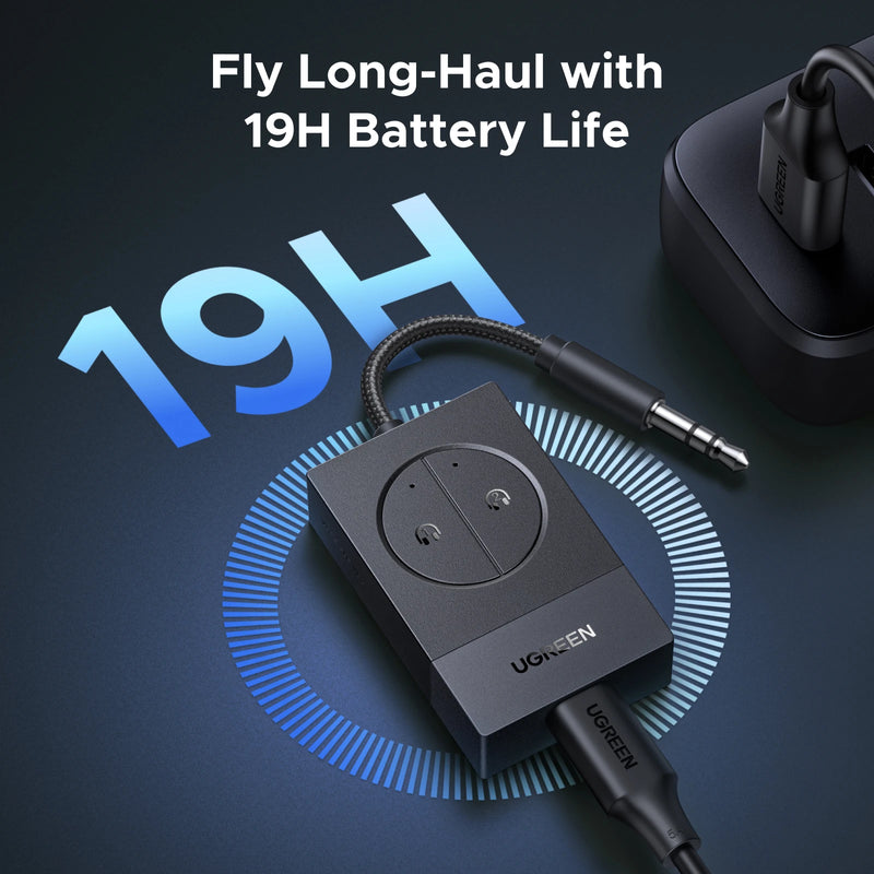 UGREEN Airplane Bluetooth Transmitter Supports 2 Devices,19Hr Playtime, 3.5mm AUX Wireless Audio BT5.4 Adapter for Travel Flight