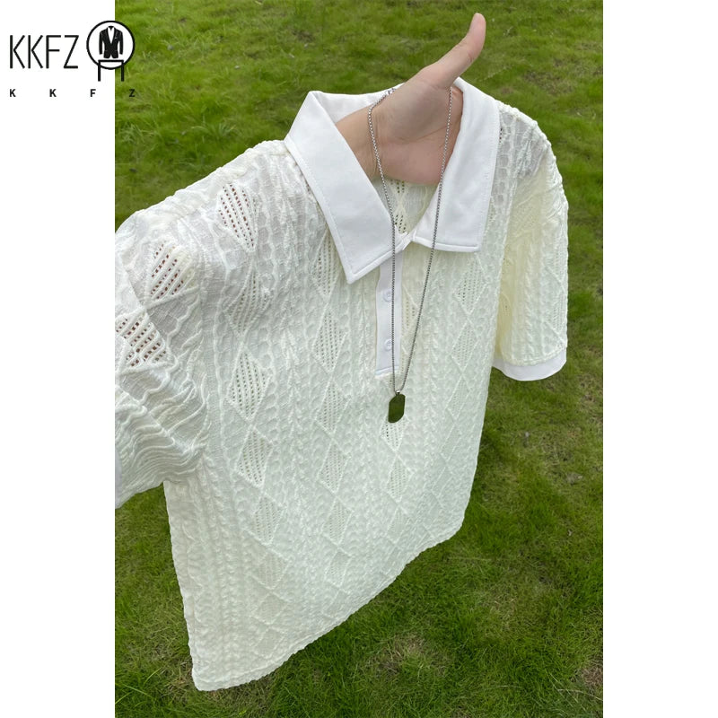 Mens Loose Oversized Diamond Pattern Polo Shirt Short Sleeve Button Placket Lightweight Fabric For Commute Multi Occasion Wear