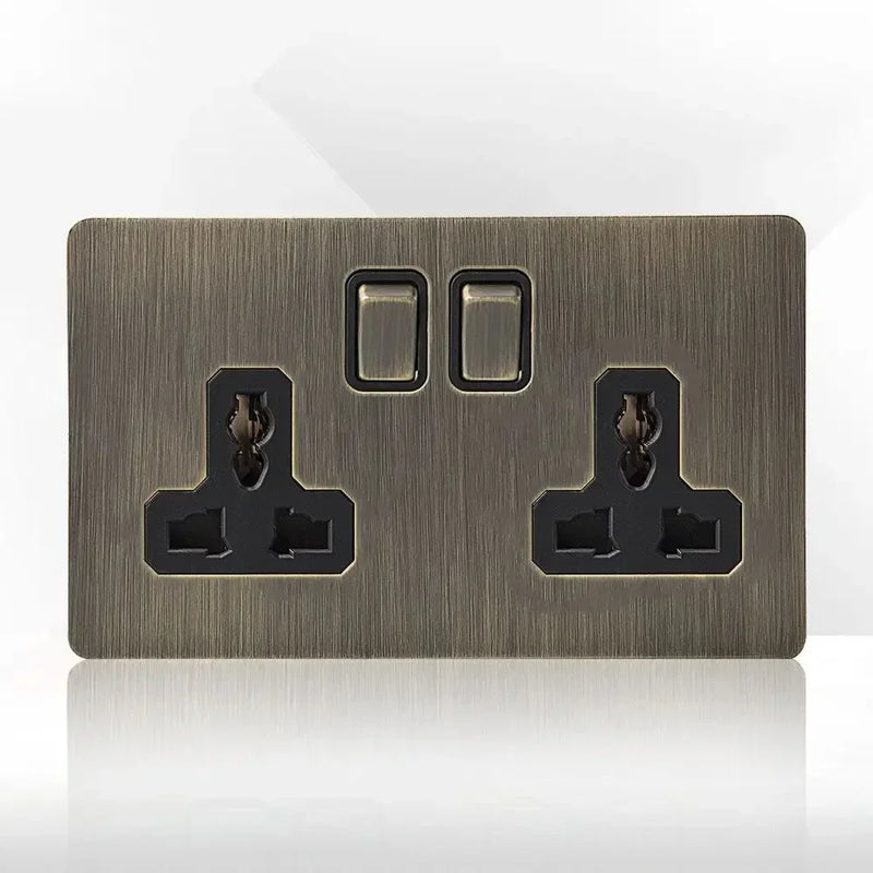 Retro EU FR Metal Panel Wall Toggle Light Switch Socket plug,Bronzed Antique Stainless Steel German 16A Socket with USB Charging