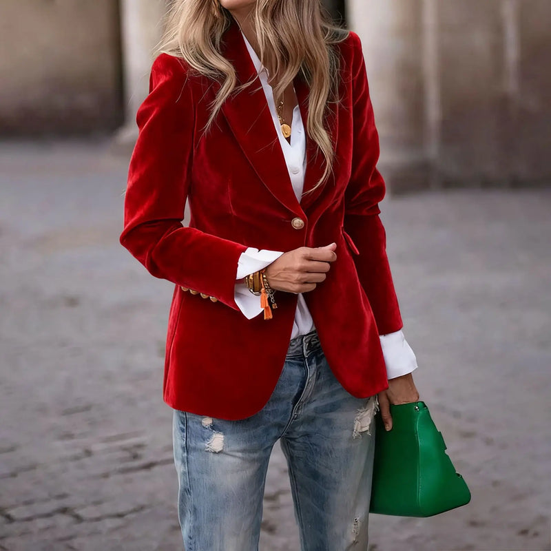 Elegant Women's Long-sleeve Blazer, A V-neck Jacket Made of Corduroy. Available in Black,Purple,Brown,Yellow,Red,Blue,Green,Gray