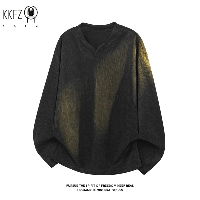 Men Breathable Crinkle Textured Long Sleeve Top Notched V Neck Curved Hem Oversized Fit For Multi Occasion Dressing