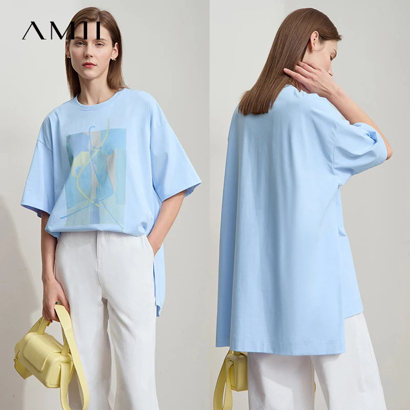 អាវយឺតរដូវក្តៅ Amii Minimalist សម្រាប់នារី រចនាមិនទៀងទាត់ អាវធម្មតា ក អូ-ក បោះពុម្ពអរូបី អាវយឺតរលុង ស្មាទម្លាក់ចុះ 12522081