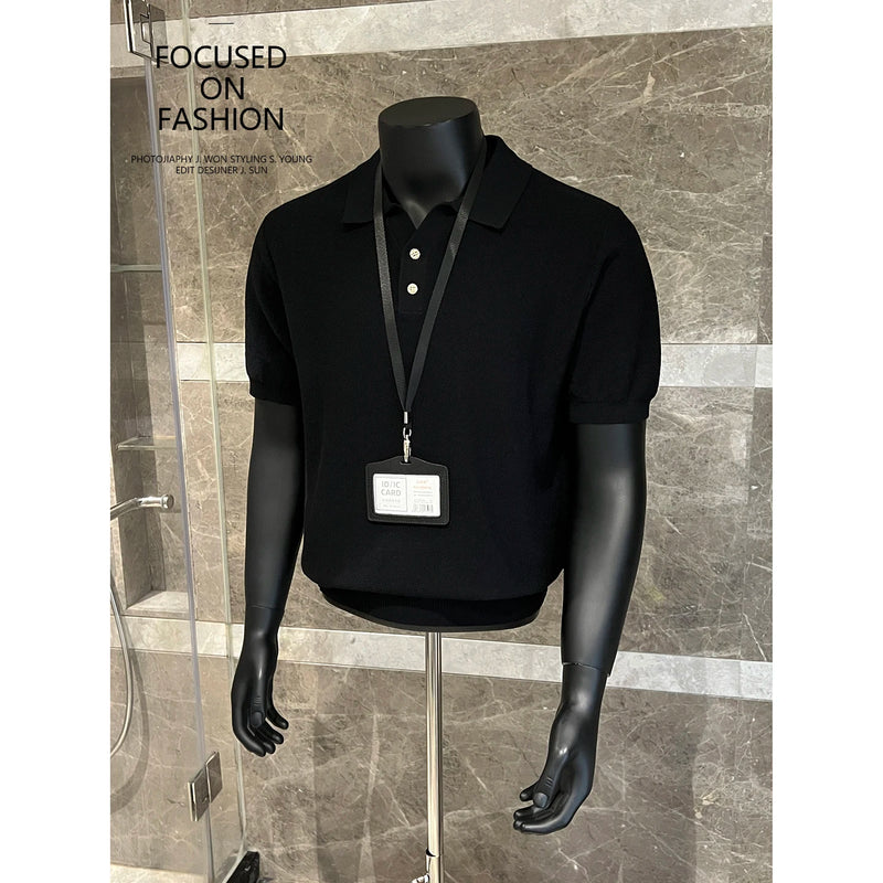 Men's Polo Shirt Knit Short Sleeve Casual Top Solid Color Stretchable Business Casual Top, Summer Pullover Knit Sweater