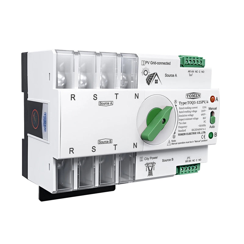 TOMZN 2P 3P 4P Din Rail ATS for PV and Inverter Dual Power Automatic Transfer Selector Switches Uninterrupted 63A 100A 125A