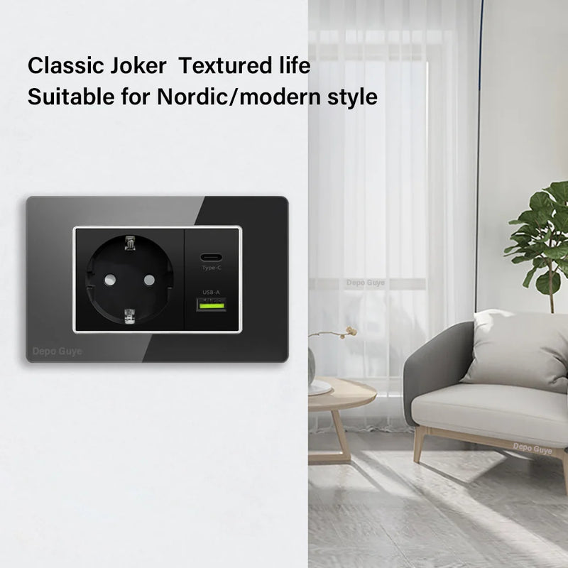 Type 118 Black Tempered Glass Panel EU Wall Light Switch,Europe Wall Socket With USB Type-c 18W Quick Charge Outlet 118*75mm