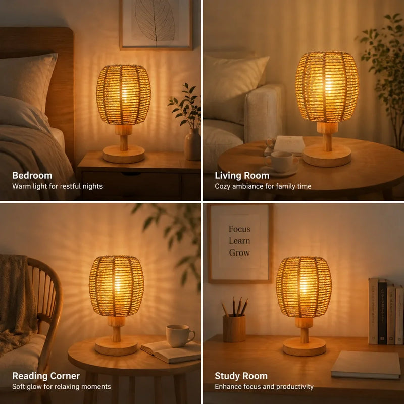 JOYINLED ED Bedside Lamp, Handwoven Rope Lampshade, E27 Solid Wood Base, Boho Decorative Lamp for Bedroom, Living Room, Hotel