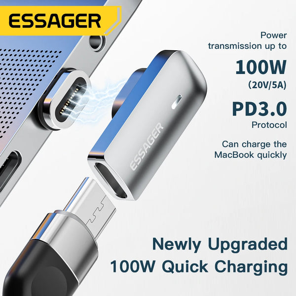 អាដាប់ទ័រ Essager PD 100W ម៉ាញេទិក USB C OTG សាកថ្មលឿន ឧបករណ៍ភ្ជាប់ម៉ាញេទិកប្រភេទ C 20Gbp ធ្វើសមកាលកម្មទិន្នន័យ 4K@60Hz សម្រាប់កុំព្យូទ័រយួរដៃ Macbook