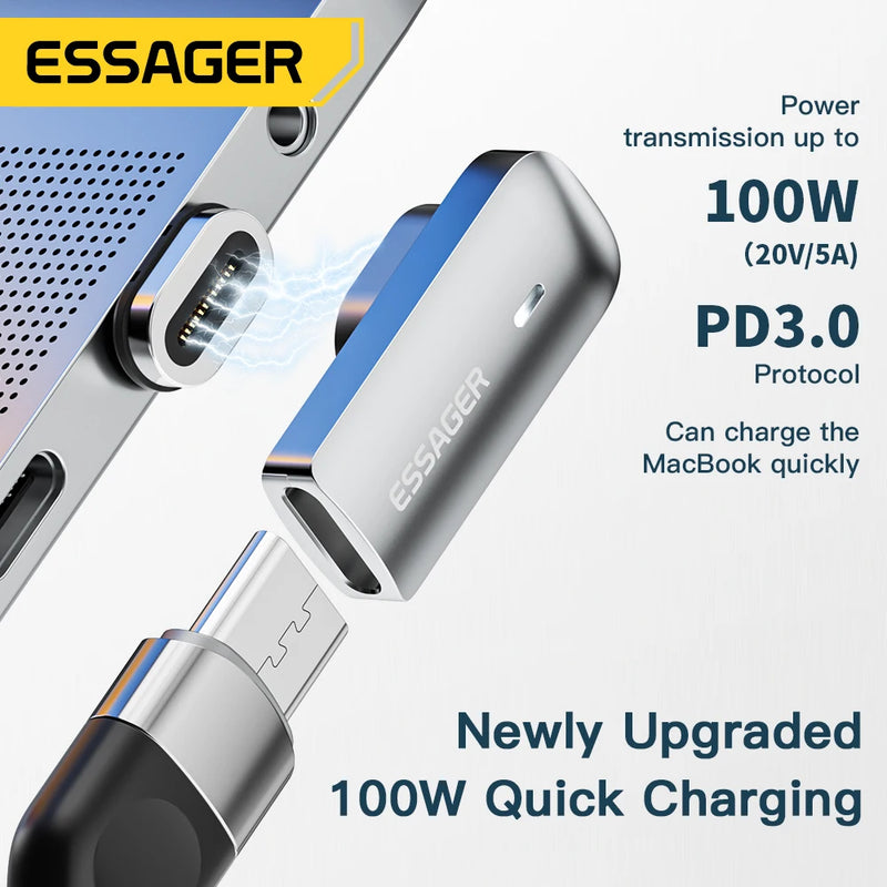 អាដាប់ទ័រ Essager PD 100W ម៉ាញេទិក USB C OTG សាកថ្មលឿន ឧបករណ៍ភ្ជាប់ម៉ាញេទិកប្រភេទ C 20Gbp ធ្វើសមកាលកម្មទិន្នន័យ 4K@60Hz សម្រាប់កុំព្យូទ័រយួរដៃ Macbook