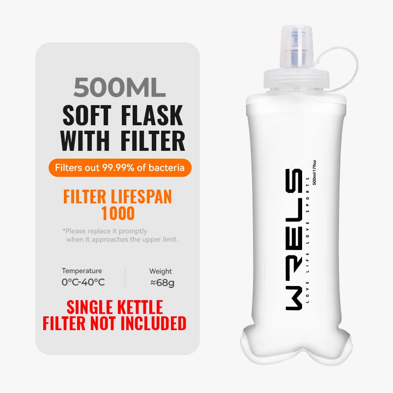 WRELS Ultralight Collapsible Water Filter BottleCompressible Soft Flask Water Bottle for Hydration Vests Water Bottle with Filte