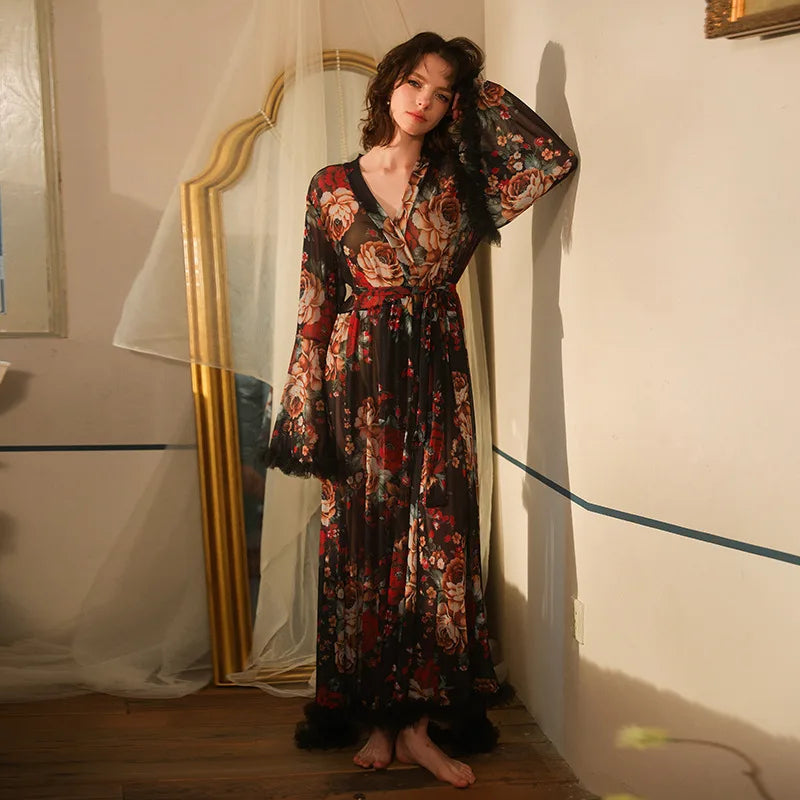 Fashion Printed Long Sleeve Bathrobe For Women Spring Summer Thin Sleepwear Robe Tide Women's Shower Robes Wedding Dress