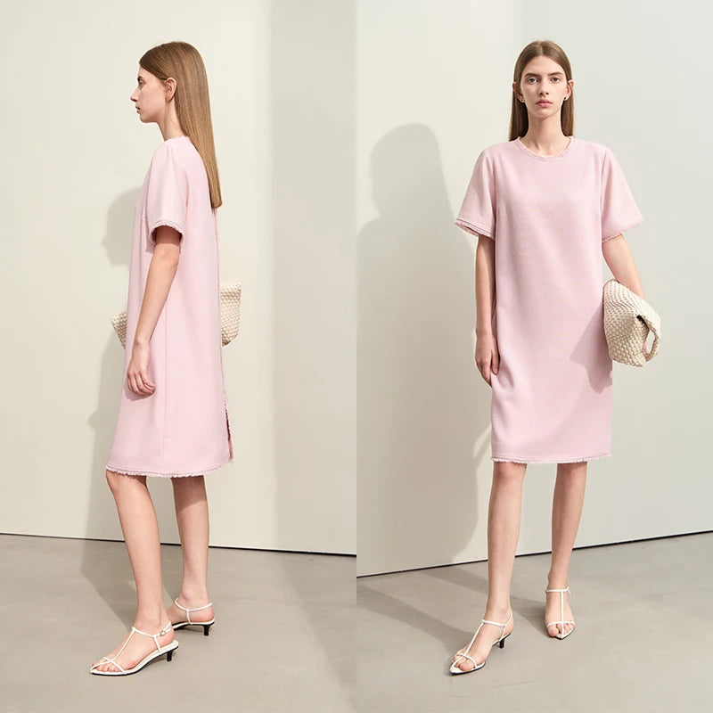 រ៉ូប Amii Minimalism សម្រាប់ស្ត្រីឆ្នាំ ២០២៤ រដូវស្លឹកឈើជ្រុះថ្មីស្រាលប្រណីតរចនាប័ទ្មរំយោលដេរភ្ជាប់ដៃអាវខ្លីត្រង់មីឌីអាវទ្រនាប់ ១២៤៤១១៩៧