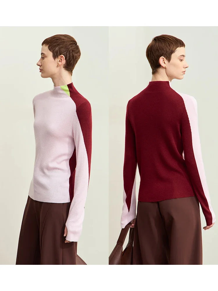 Amii Minimalism Women's Sweater 2026 Autumn New Basic Mock Neck Sweater for Woman Patchwork Slim Long Sleeve Tops Ladies12443133