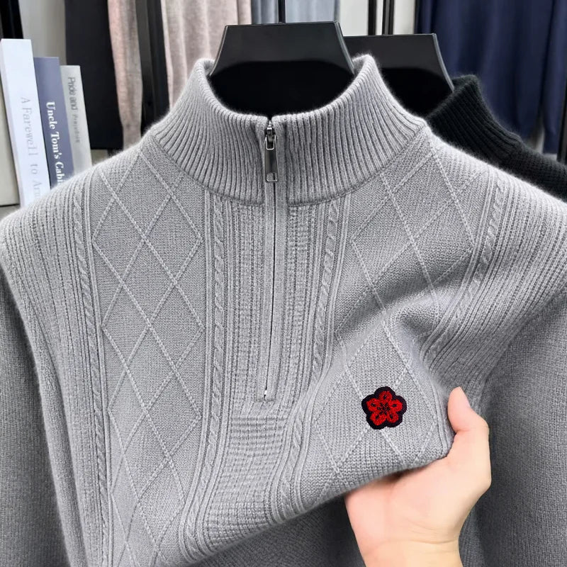Men's Long-Sleeved Knitwear Mock Neck Zipper Flower Exquisite Embroidery Autumn Winter New Pullover Leisure Trend Men's Clothing
