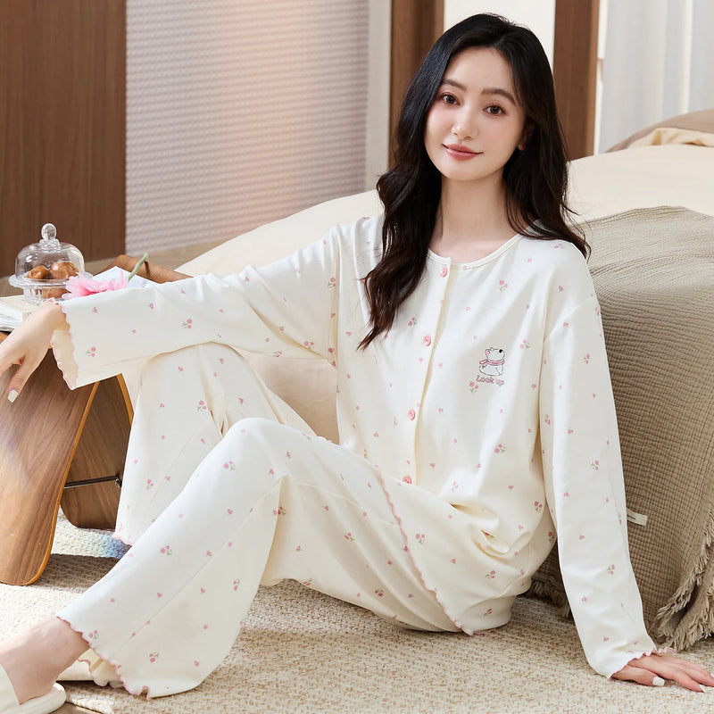 Pijama Mujer Invierno Big Size Pyjamas Femme New Modal Long Sleeve Tops Trousers Suit Spring Autumn Women Pajama Home Wear Set