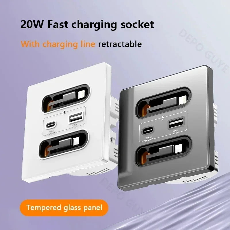 White Universal Smart Socket With Telescopic charging line 20W Fast Charge Type C USB Port Tempered Glass Wall Power Plug Outlet