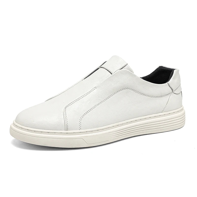 Spring Autumn Mens Fashion Pure White Shoes Men Leather Casual Shoes Slip On Comfortable Flat Shoes Big Size 46 47