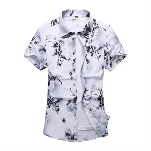 2026 Summer Men's White Short-Sleeved Printed Shirt, Blue Single-Breasted Lapel Shirts, Asian Sizes M-7XL.