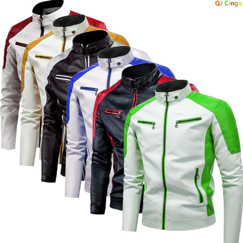 Men's Long Sleeve Artificial Leather Jacket Autumn New Style Two-color Splicing Decorative PU Coat Red Blue Green Brown Black Op