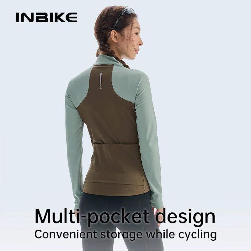 INBIKE Women's Thermal Fleece Cycling Jersey Winter Long Sleeve Bicycle Shirt 5-15°C with Pockets Road Bike Cycling Top Clothing