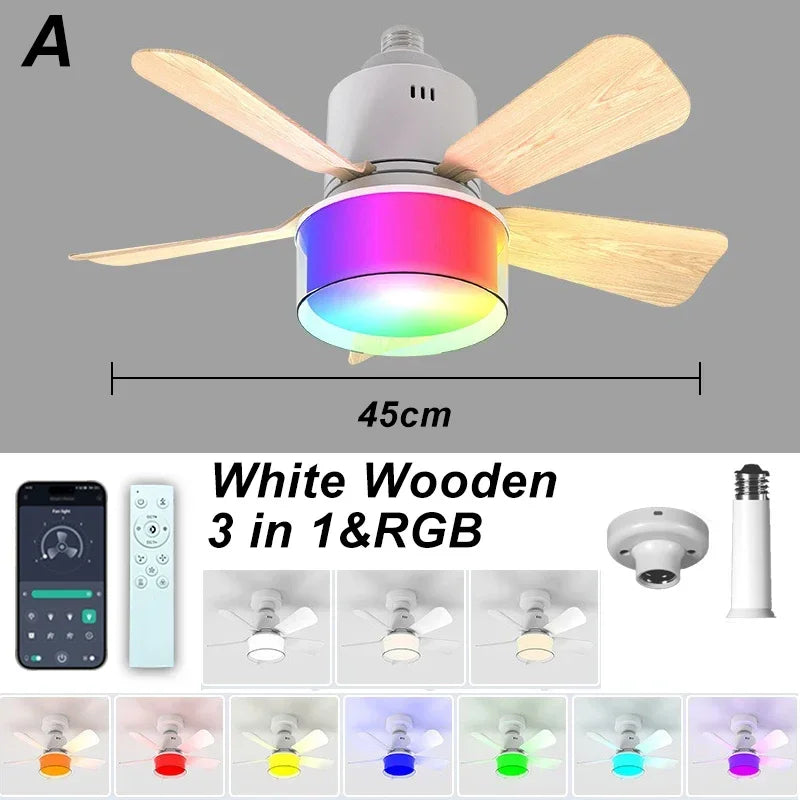 Fan Light with Remote and APP Control RGB Dimmable LED E27 Socket Ceiling Fan Modern Simple for Bedroom Kitchen Room Lighting