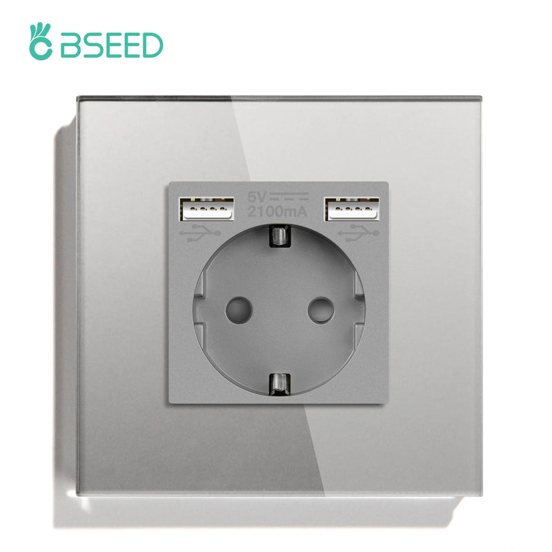 BSEED EU Wall Sockets Single Plugs Sockets Double 5V 2.1A USB Socket Phone Charge Glass Panel Power Sockets Kids Protection 16A