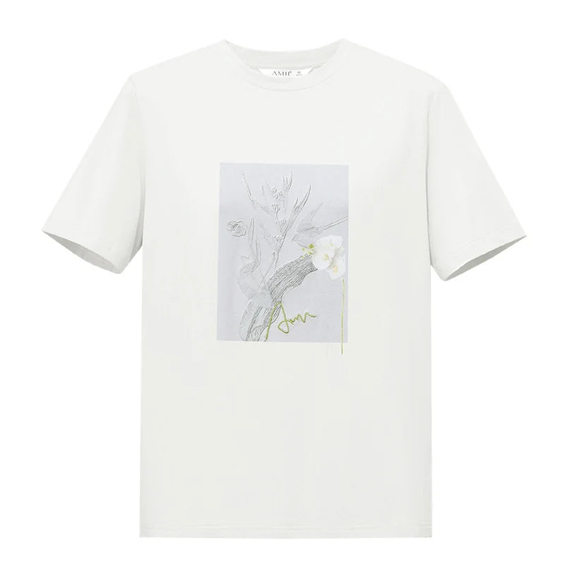 Amii Women's Short Sleeve T-shirt 2026 Summer New Letter Embroidered O-Neck Printed Cotton Stretch T-Shirt Casual Top 12622138