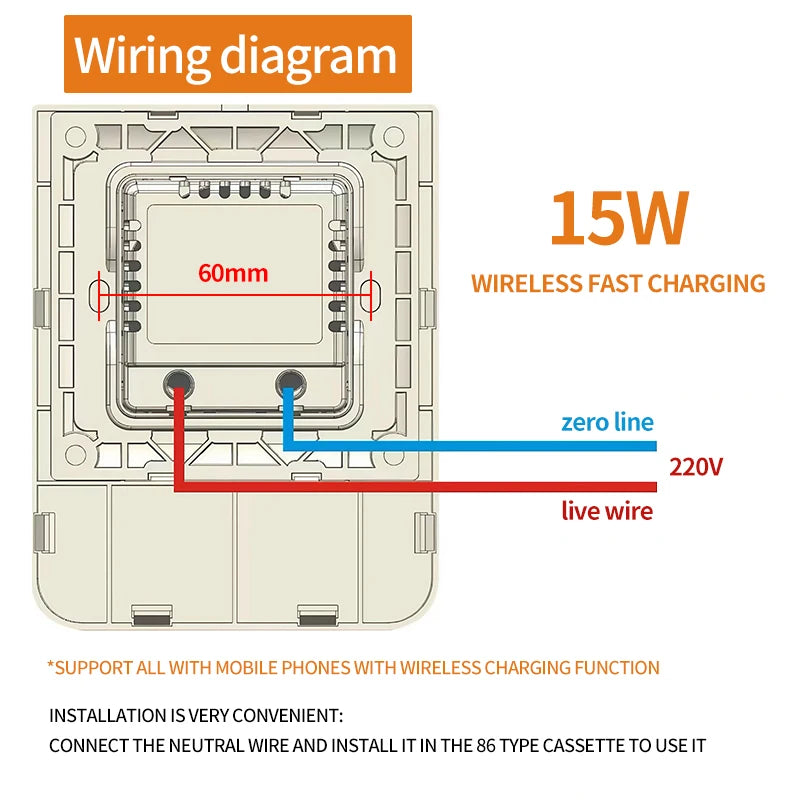QI Universal Flush Wall Mount Wireless Charger,15W Fast Charging Stand for Phones,AC 110–220V