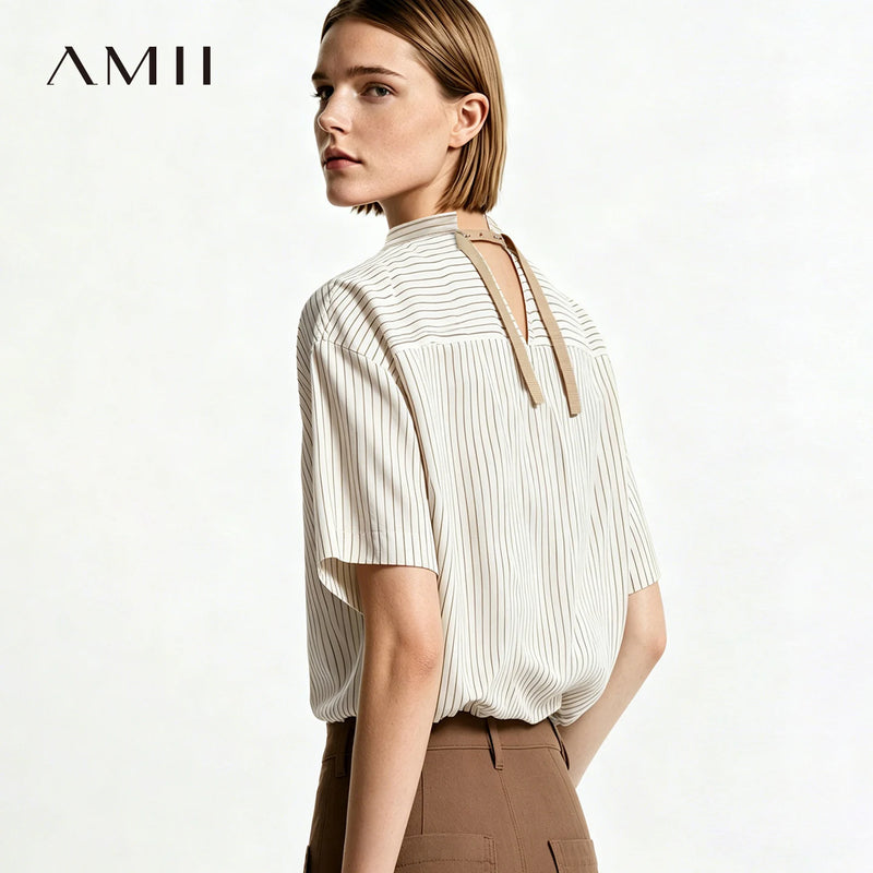 Amii Striped Women's Shirt 2026 Summer New Stand Collar Contrast Ribbon Trim Cotton Blouse Loose Breathable Casual Top 12642011