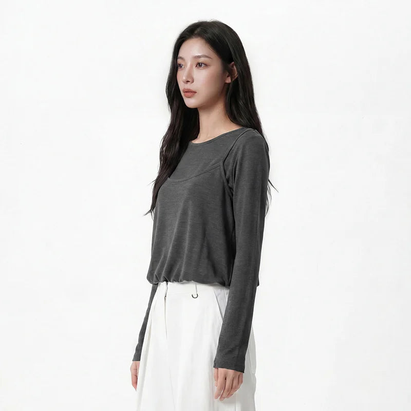 Semir Women Tshirt Long Sleeve Short Faux Two Piece Bubble Hem Slim Solid Sweet Casual Autumn Top Daily Wear 2026