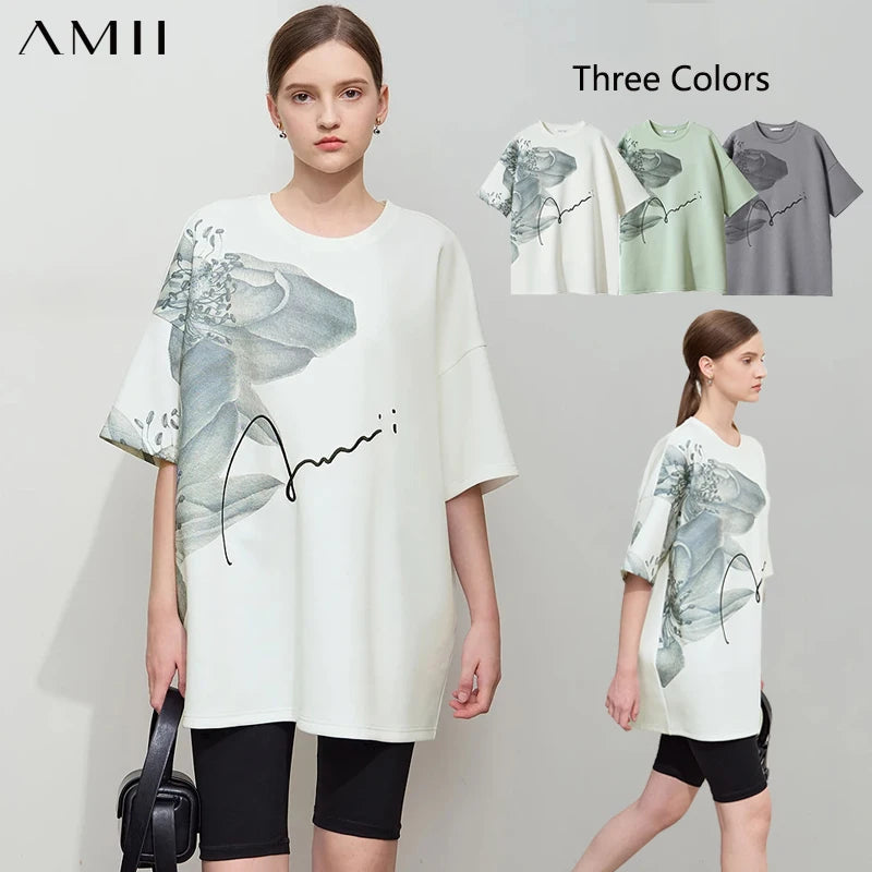 អាវយឺត AMII Minimalist សម្រាប់នារី រដូវស្លឹកឈើជ្រុះ ឆ្នាំ២០២៦ ថ្មី កអាវរាងអក្សរ O រលុង ដៃអាវពាក់កណ្តាល បោះពុម្ពផ្កា ប៉ាក់អក្សរ អាវធំ 12511019