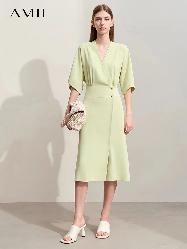 រ៉ូប Amii Minimalism 2024 សម្រាប់ស្ត្រីរដូវក្តៅថ្មីឆើតឆាយសម្រាប់ការធ្វើដំណើរទៅធ្វើការ ក V បែបបារាំង ចង្កេះស្ដើង រ៉ូបម៉ូដទាន់សម័យ 12442166