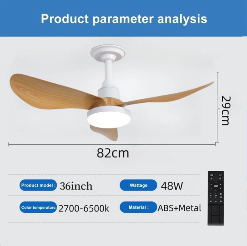 24-32 Inch Ceiling Fan Intelligent Remote Control 3speed with 3Color Lights Fan Nordic Style for Bedroom Dining Room Living Room