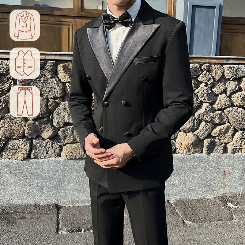 Man Elegant Black Double-Breasted Suit with Vest: Perfect for Formal Events and Sophisticated Occasions M-XL7